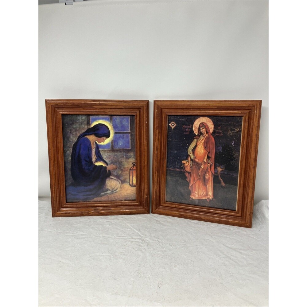 Vintage Religious Madonna Virgin Mary Pregnant Wood Frame Wall Art Lot Of 2